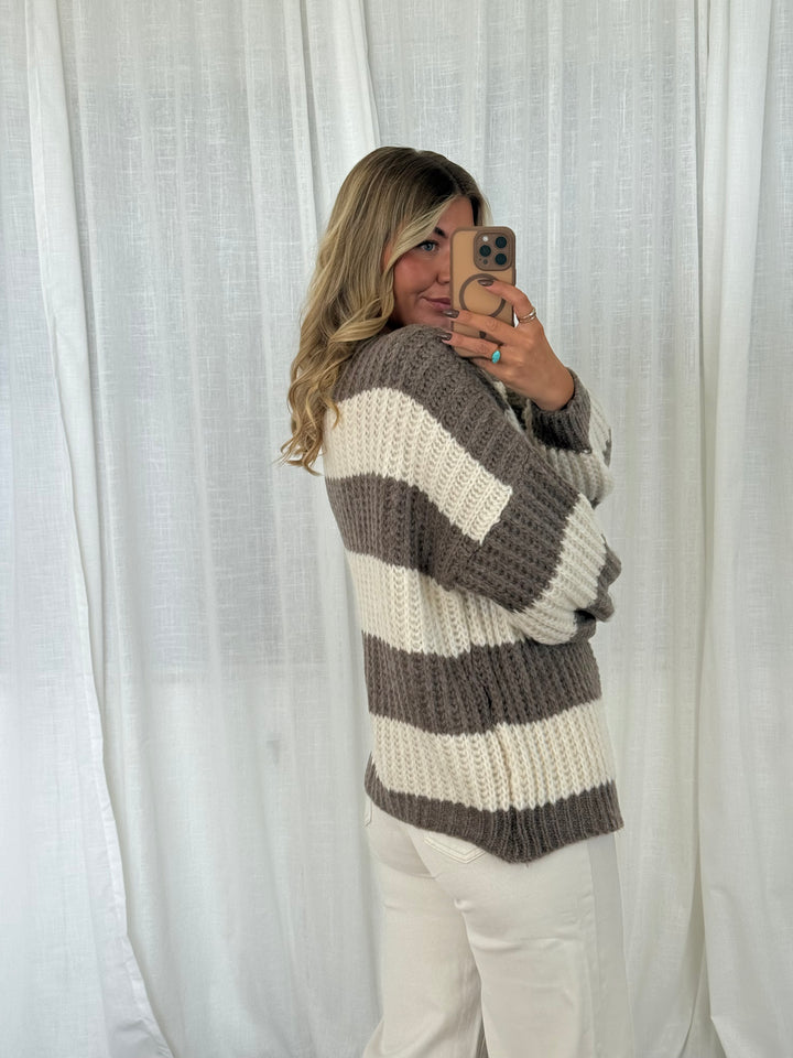 Streifen Cardigan - Taupe/Creme