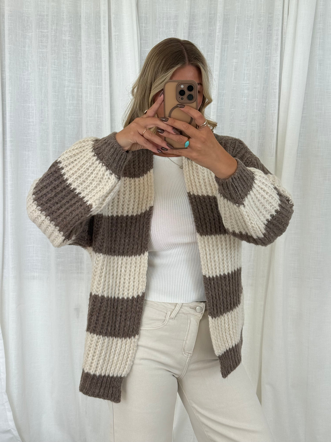 Streifen Cardigan - Taupe/Creme