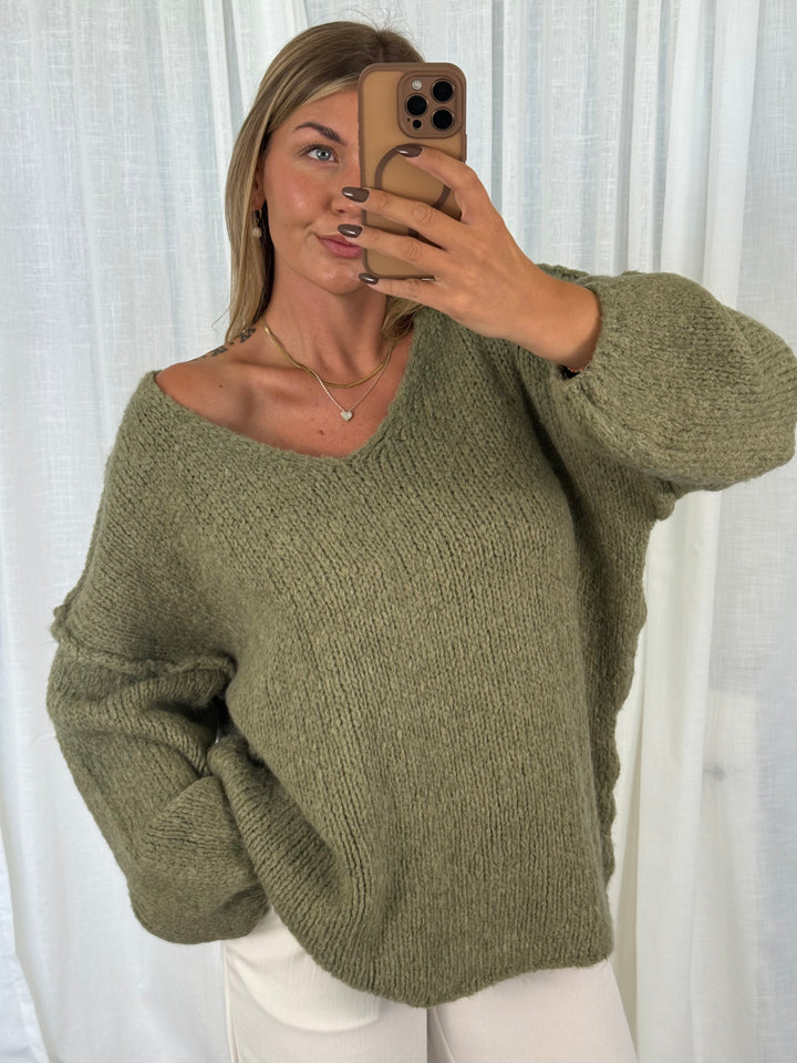 Pullover Fluffy Knit V - Khaki