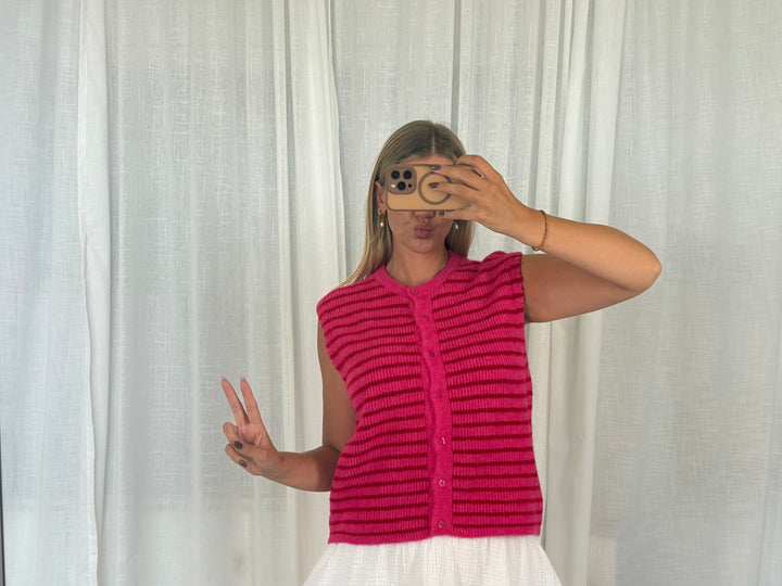 Striped Knit Vest - Pink/Rot
