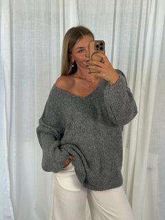 Pullover Fluffy Knit V - Grau