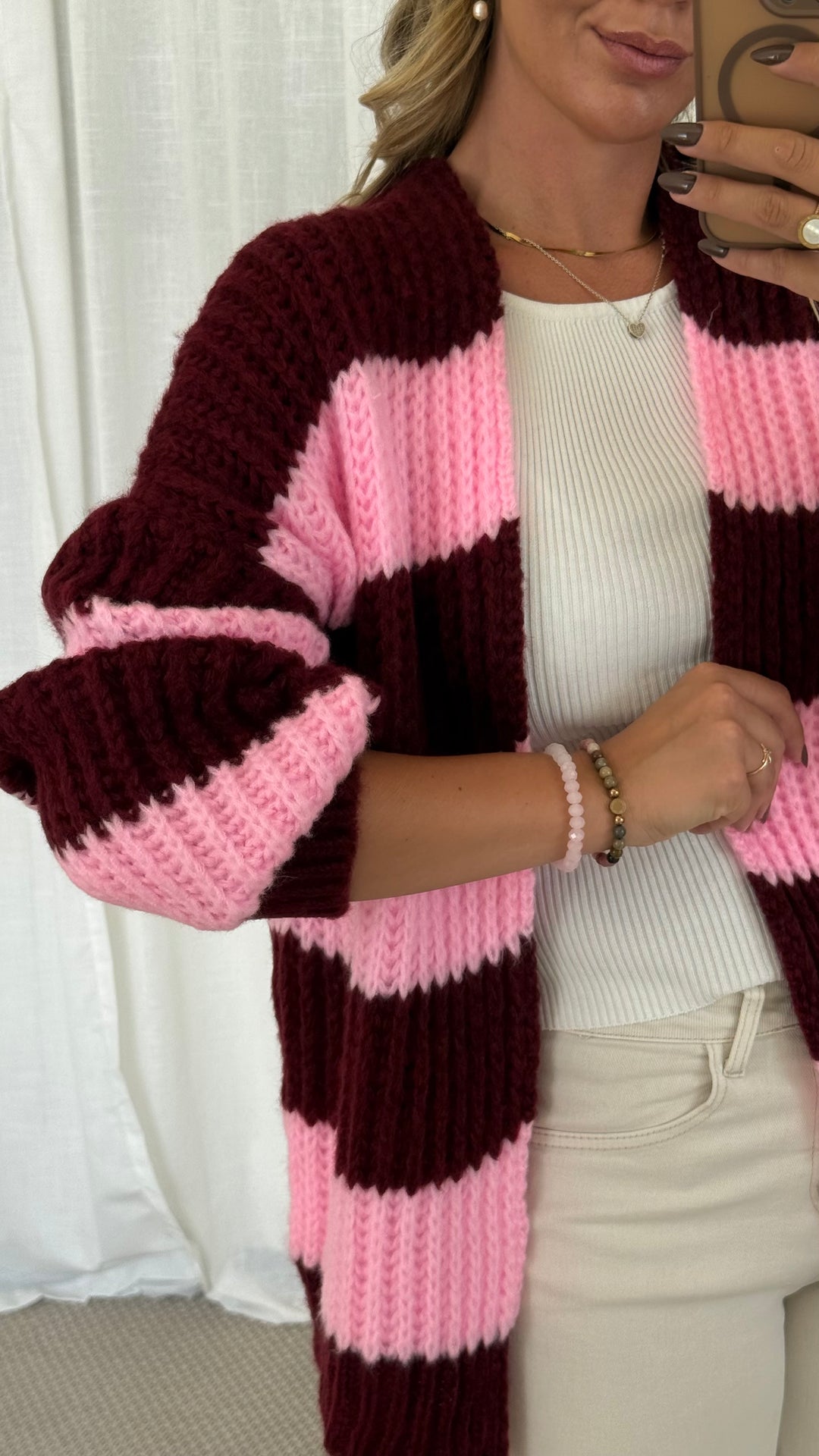 Streifen Cardigan - Pink/Burgundy