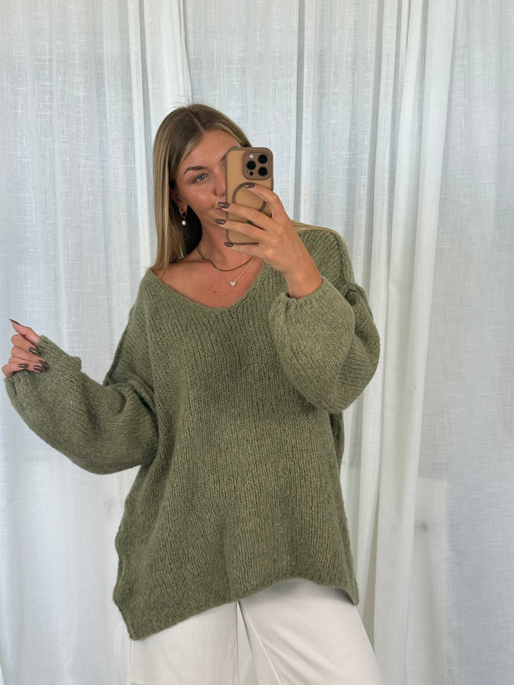 Pullover Fluffy Knit V - Khaki