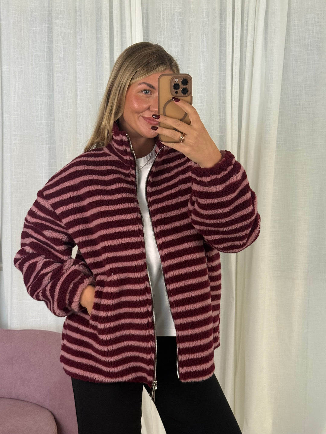 Teddyjacke Streifchen mit Reißverschluss Burgundy/Rosa gestreift