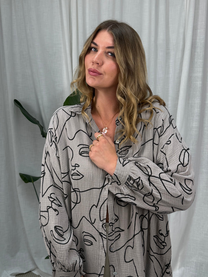 Musselin Bluse Faces - Lang in Stone/Muster