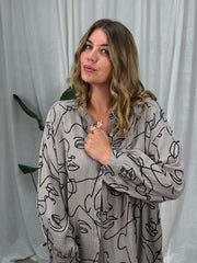 Musselin Bluse Faces - Lang in Stone/Muster
