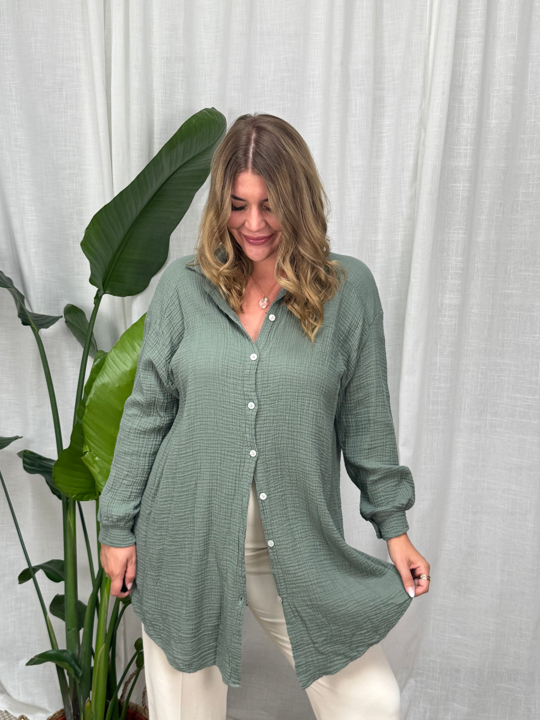 Musselin Bluse Maui - Lang in Khaki