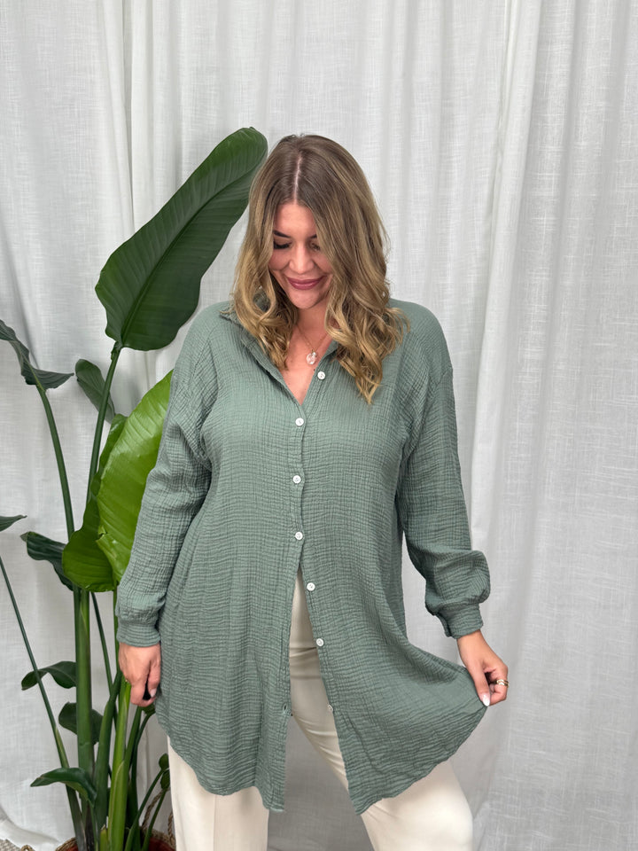 Musselin Bluse Maui - Lang in Khaki