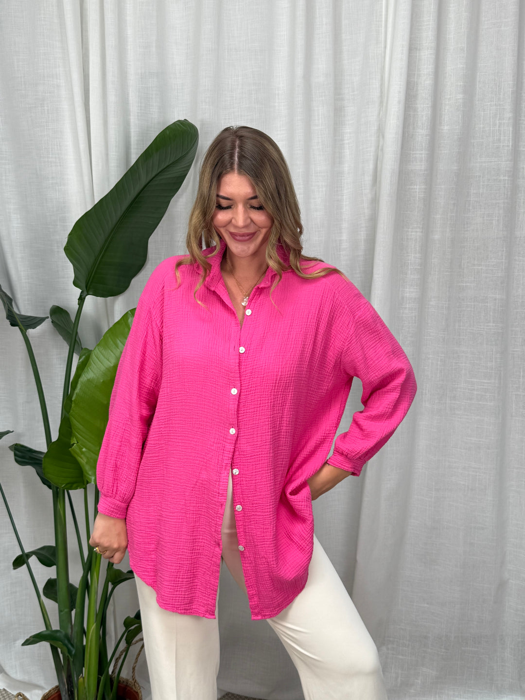 Musselin Bluse Maui - Lang in Hot Pink