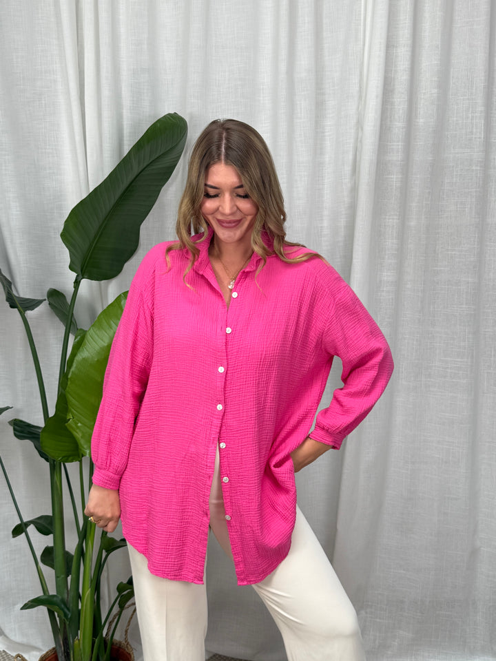 Musselin Bluse Maui - Lang in Hot Pink