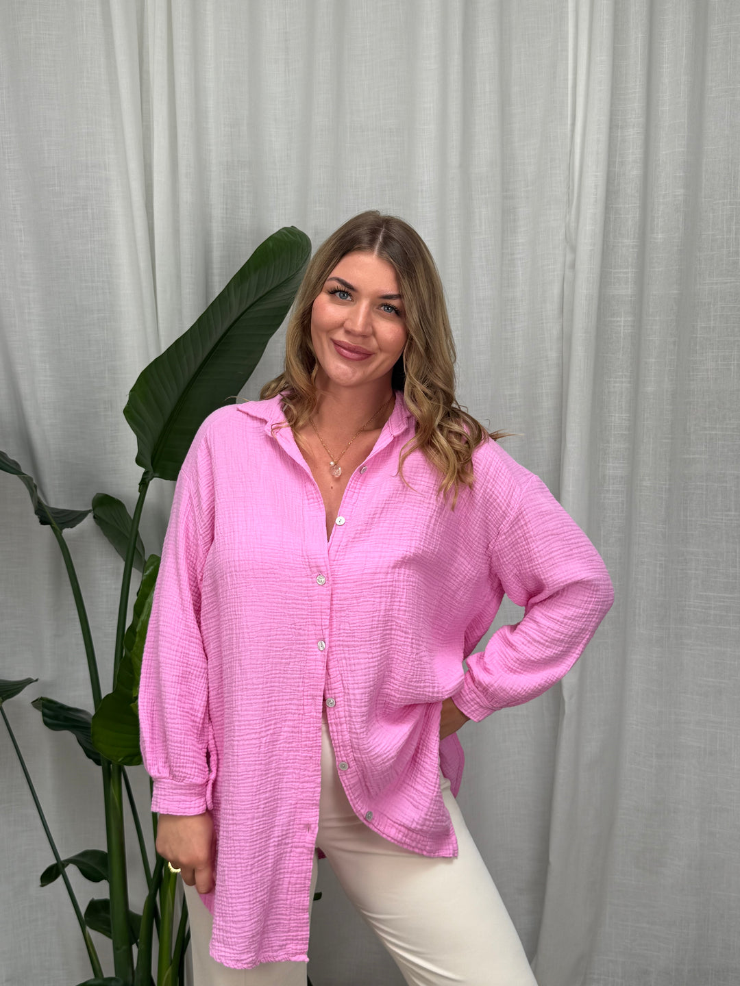 Musselin Bluse Maui - Lang in Candypink