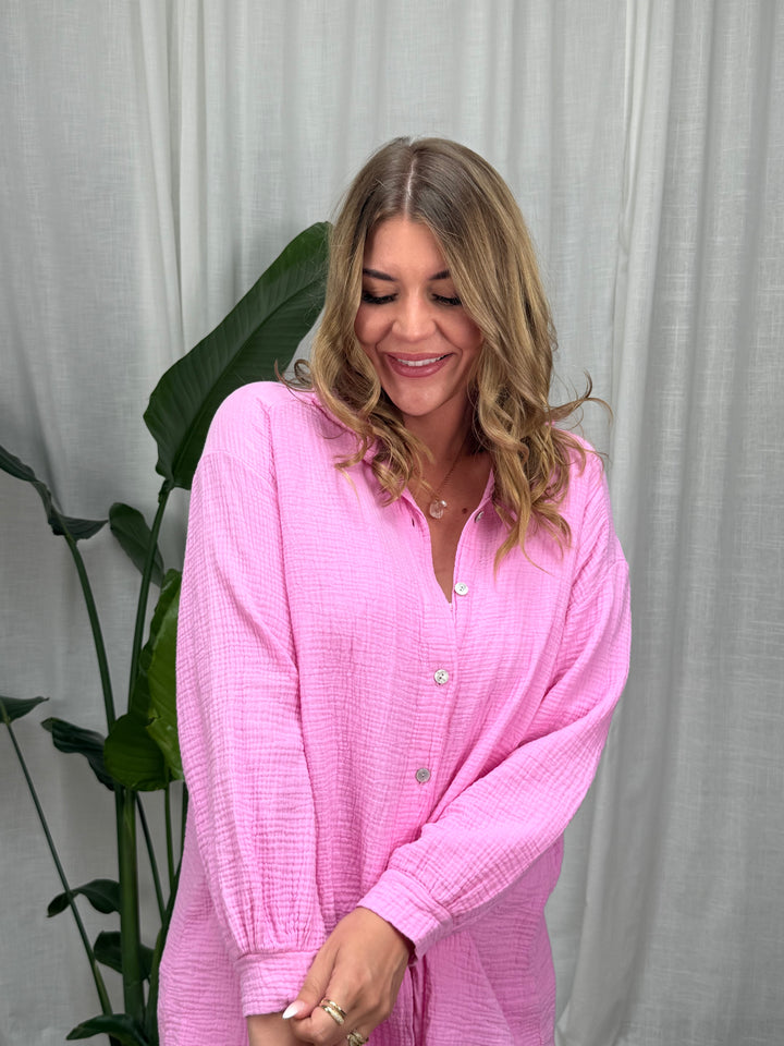 Musselin Bluse Maui - Lang in Candypink