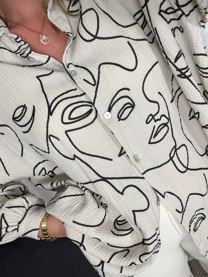 Musselin Bluse Faces - Kurz/Muster Beige