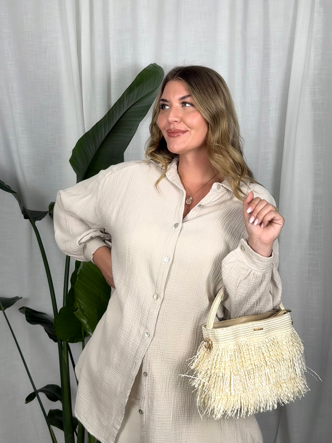 Musselin Bluse Maui - Lang in Beige