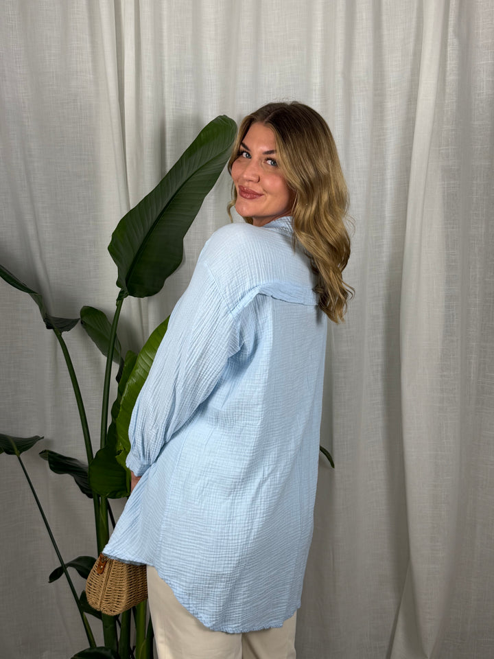 Musselin Bluse Maui - Lang in Hellblau