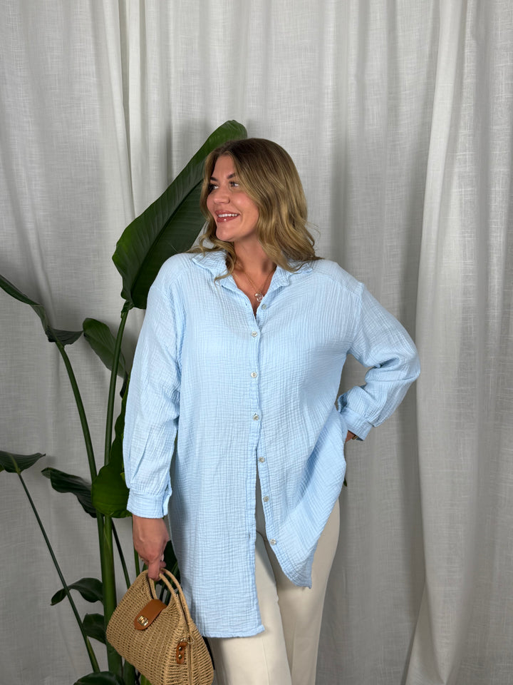 Musselin Bluse Maui - Lang in Hellblau