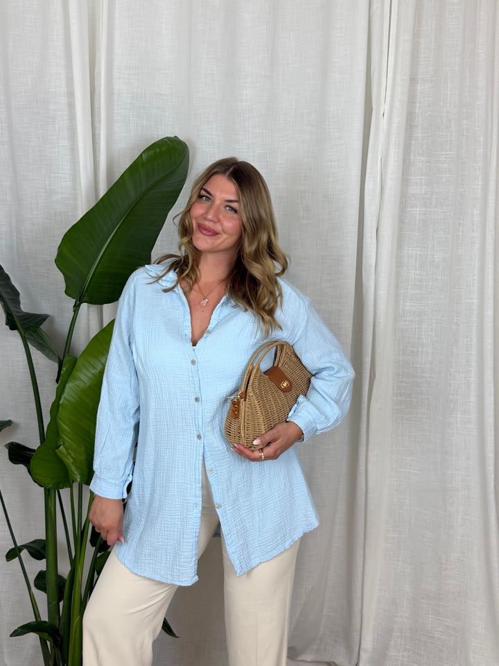 Musselin Bluse Maui - Lang in Hellblau