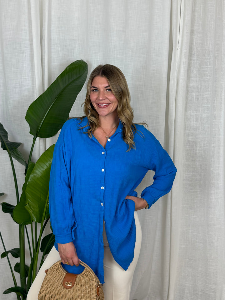 Musselin Bluse Maui - Lang in Royal Blau