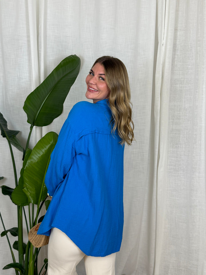 Musselin Bluse Maui - Lang in Royal Blau