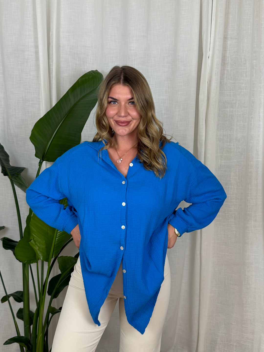 Musselin Bluse Maui - Lang in Royal Blau