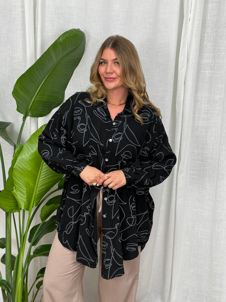 Musselin Bluse Faces - Lang in Schwarz/Muster