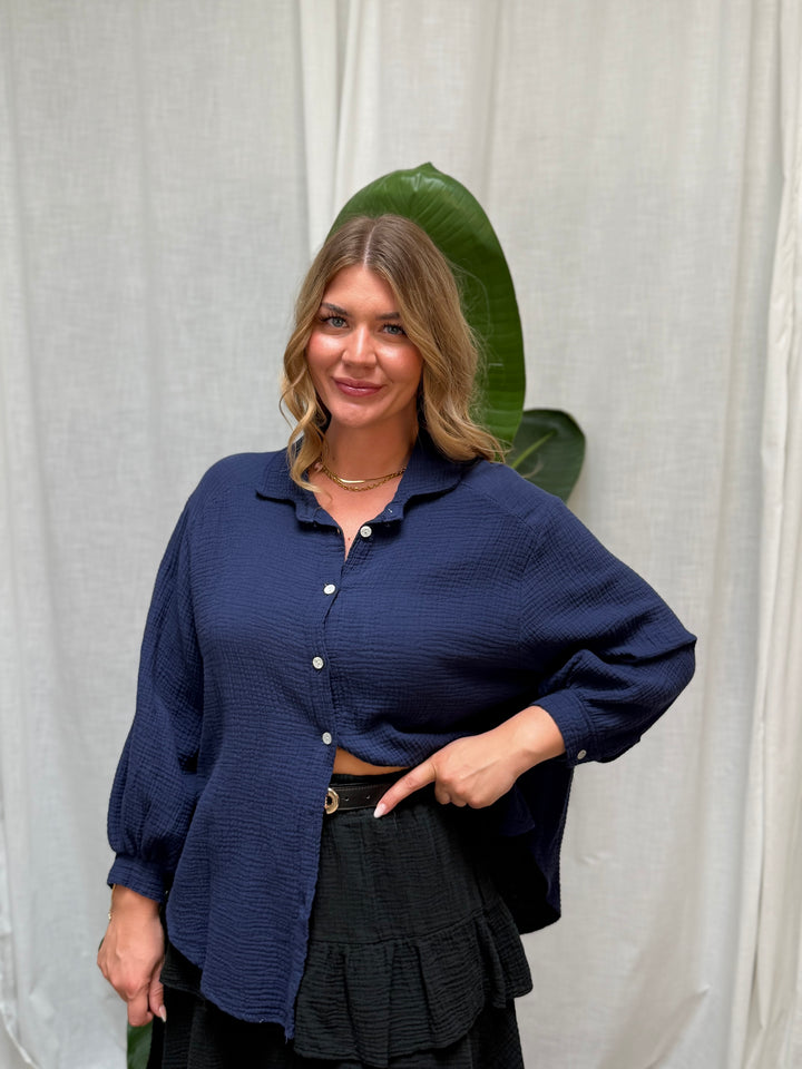 Musselin Bluse Bali - Kurz Indigo