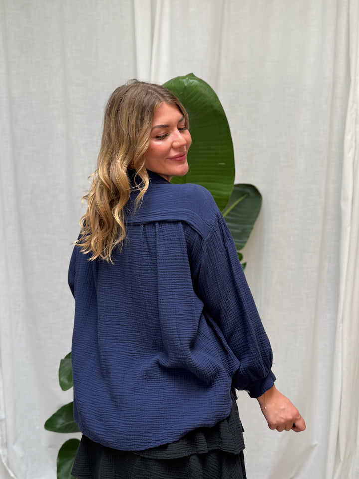 Musselin Bluse Bali - Kurz Indigo
