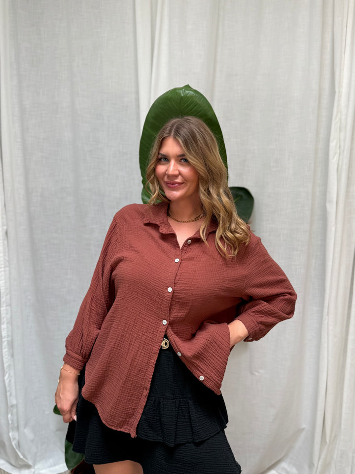 Musselin Bluse Bali - Kurz Cinnamon Braun