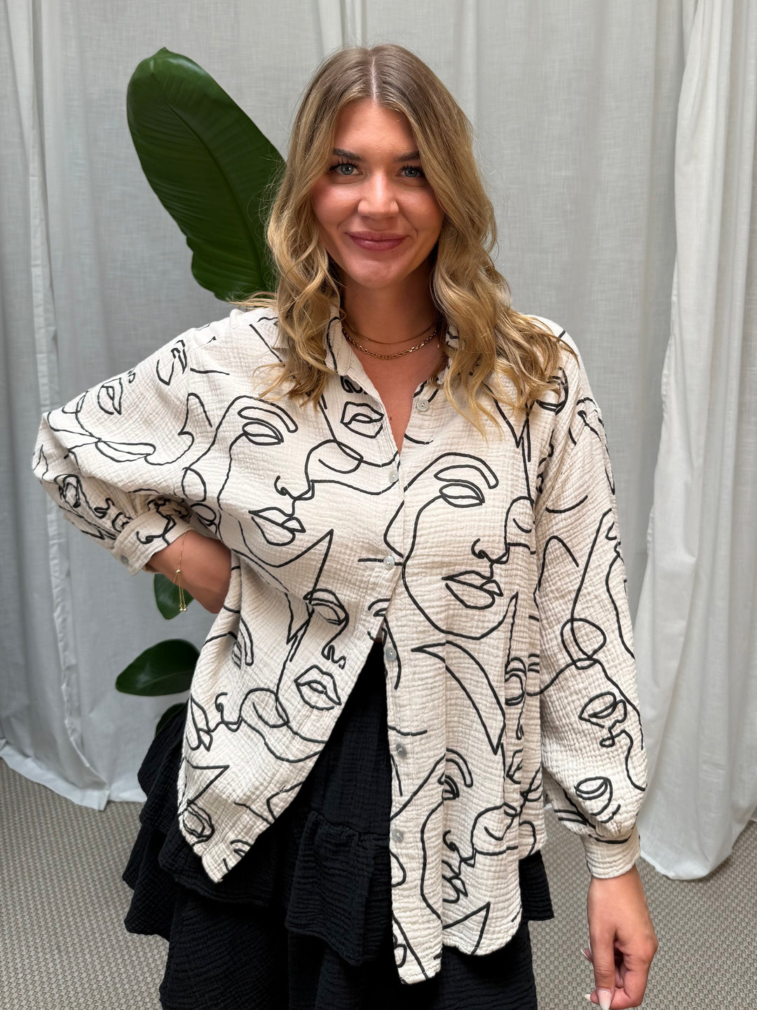 Musselin Bluse Faces - Kurz/Muster Beige