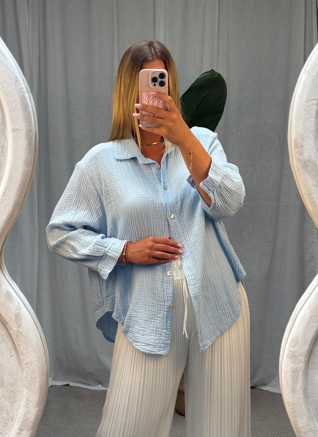 Musselin Bluse Bali - Kurz in Hellblau