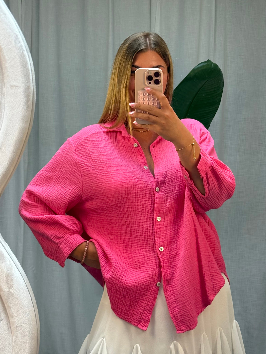 Musselin Bluse Bali - Kurz in Hot Pink