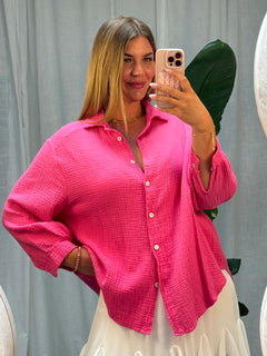 Musselin Bluse - Kurz in Hot Pink