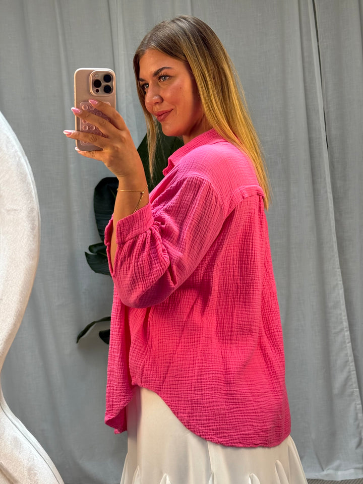 Musselin Bluse Bali - Kurz in Hot Pink