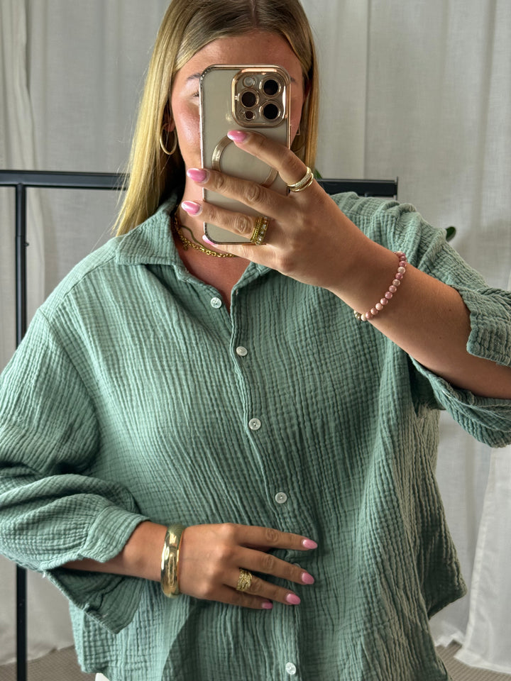 Musselin Bluse Bali - Kurz in Khaki