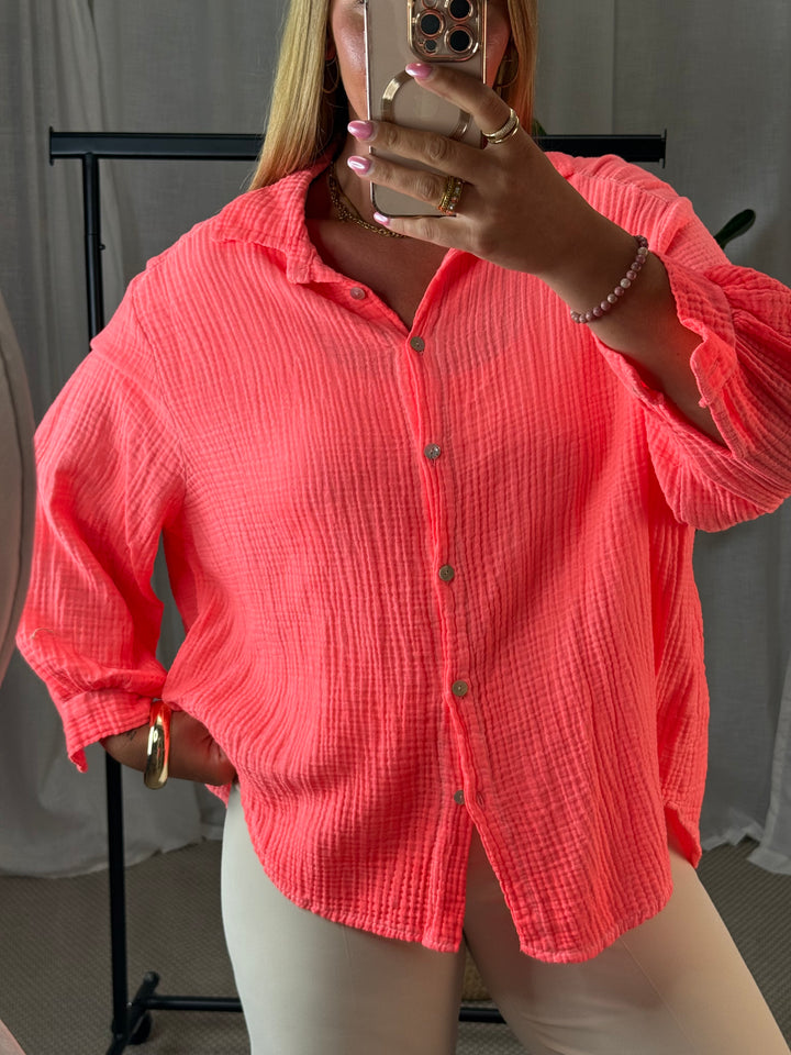 Musselin Bluse Bali - Kurz in Neon Pink