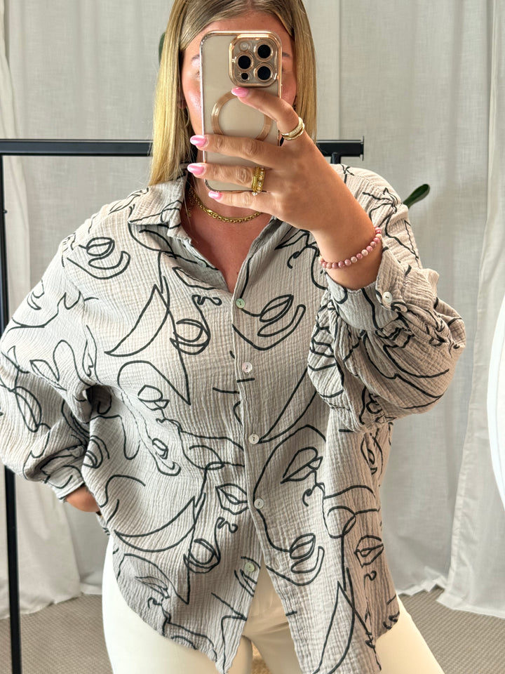 Musselin Bluse Faces - Kurz/Muster Stone
