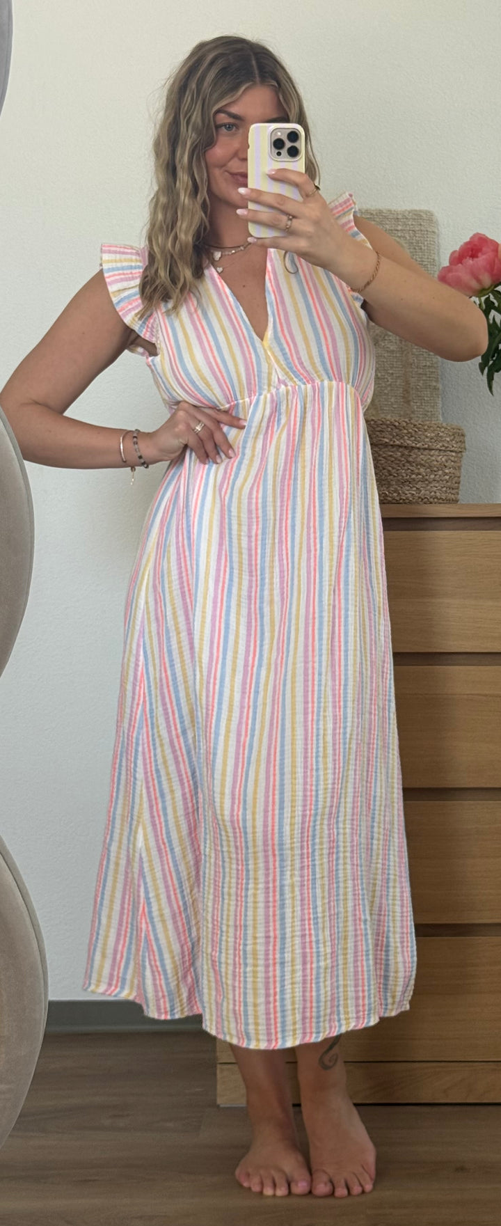 MUSSELIN STREIFENKLEID - BUNT