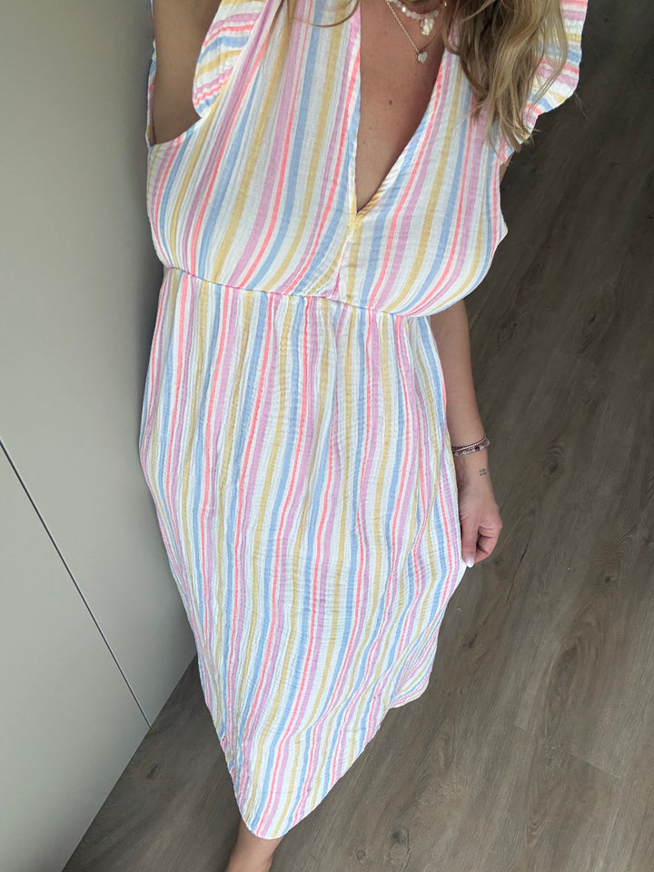 MUSSELIN STREIFENKLEID - BUNT