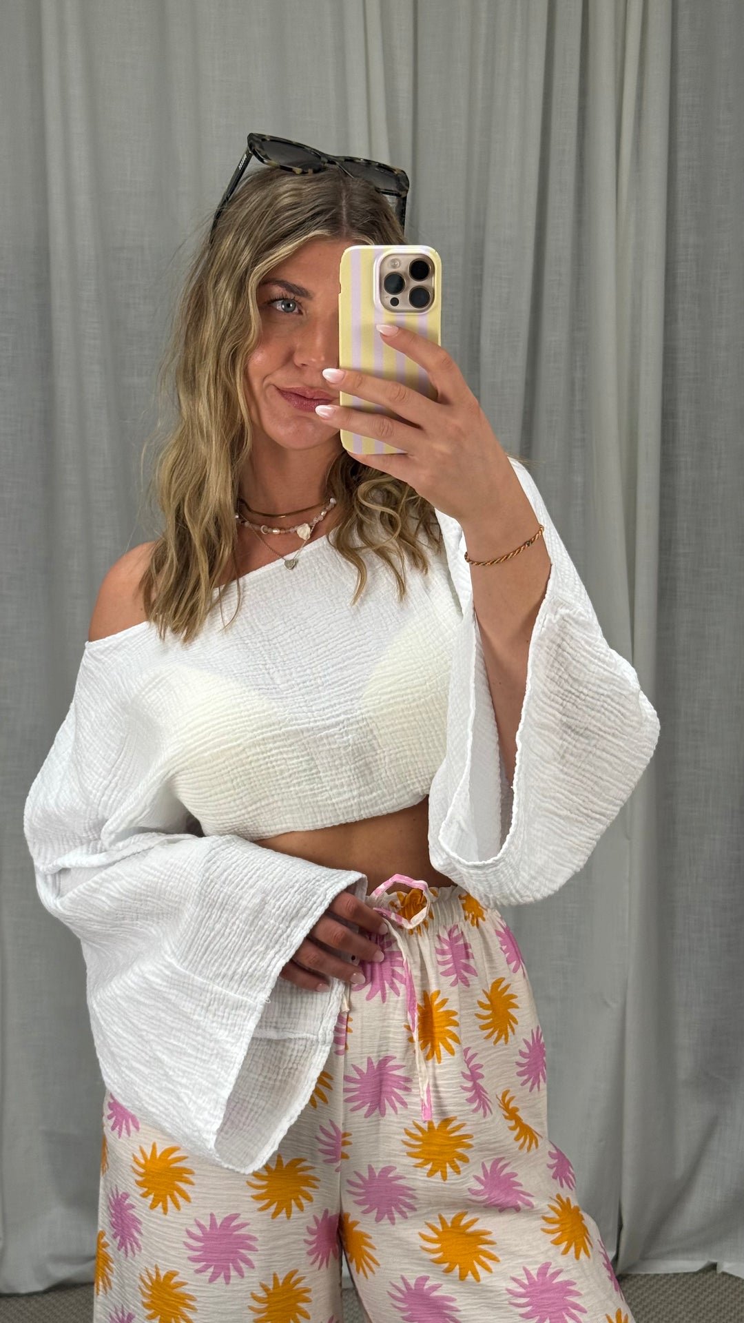 MUSSELIN LANGARMSHIRT CROPED - WEIß
