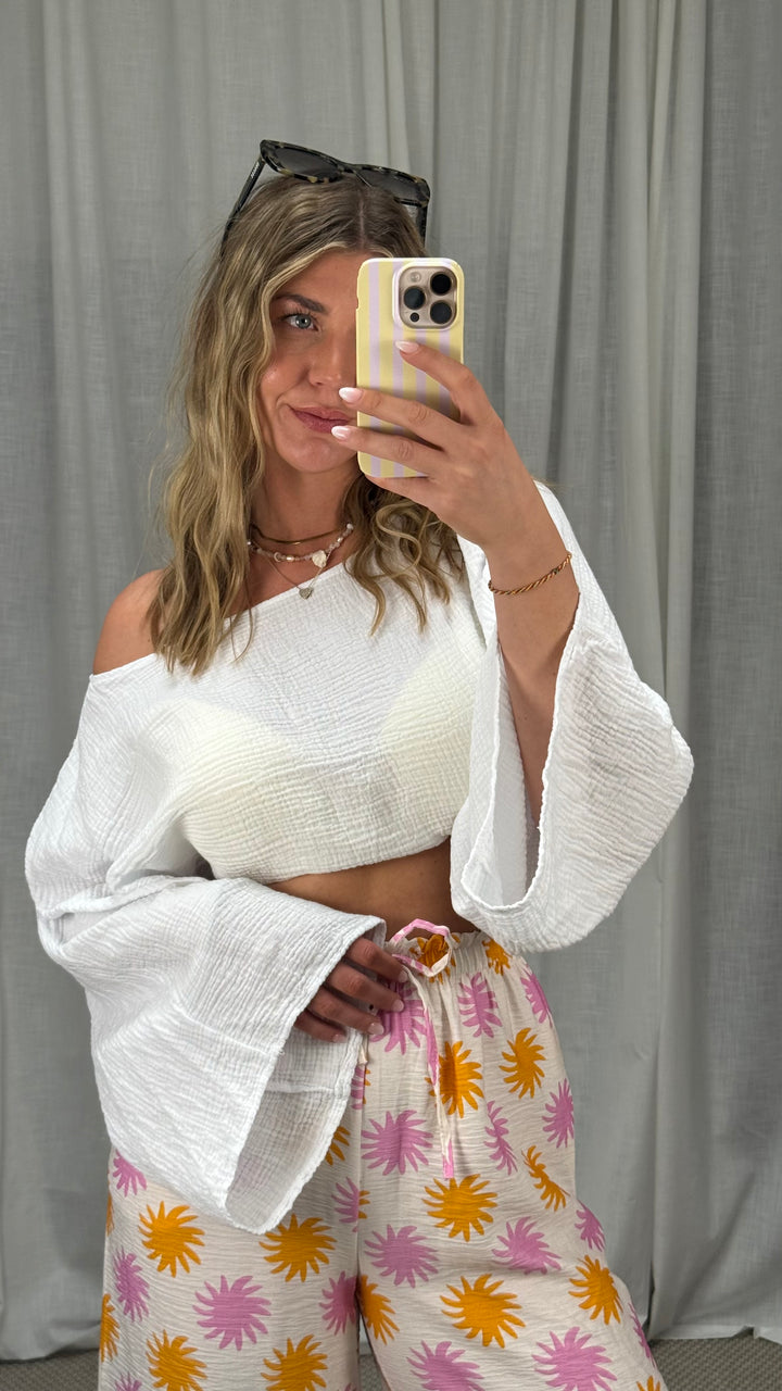 MUSSELIN LANGARMSHIRT CROPED - WEIß