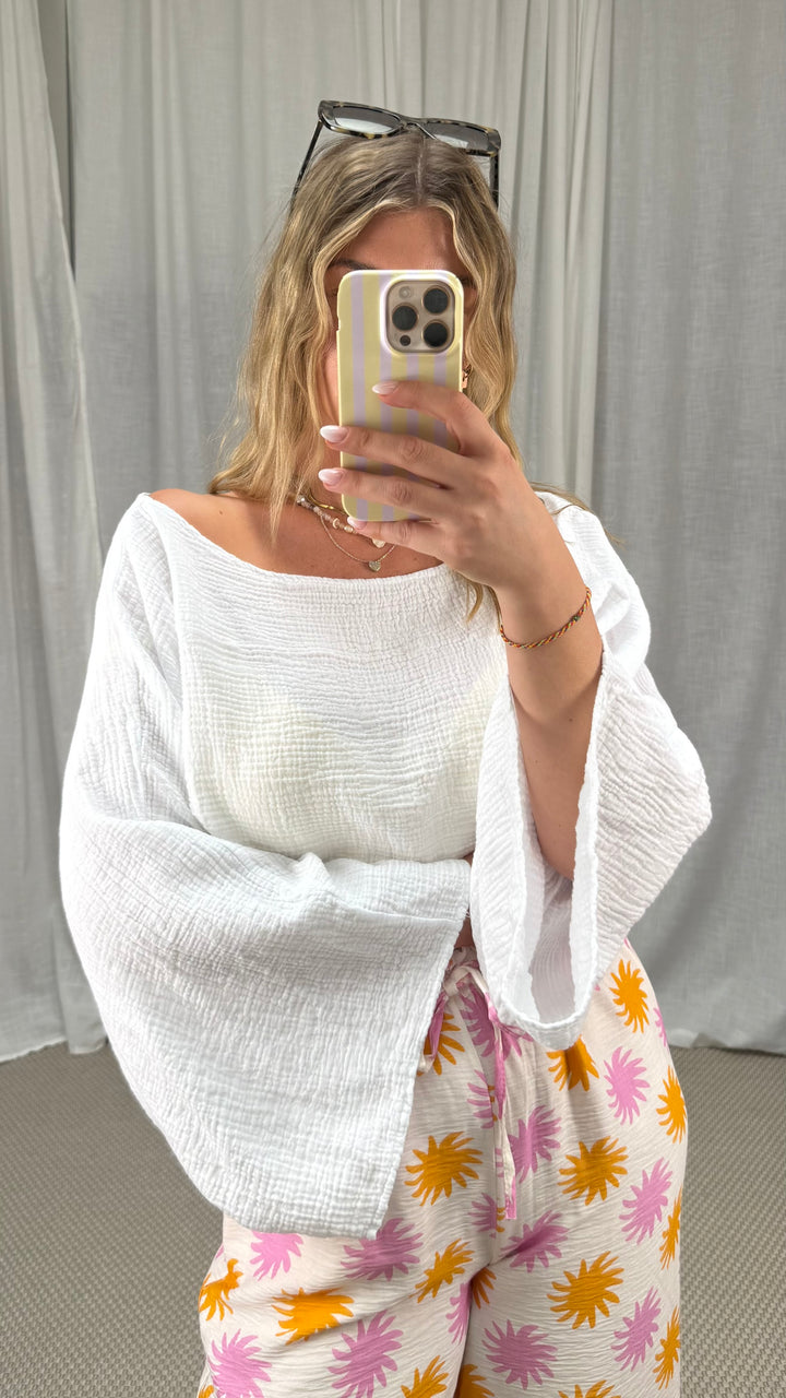 MUSSELIN LANGARMSHIRT CROPED - WEIß