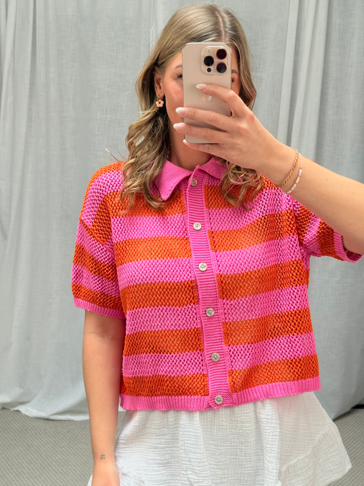 Grobstrick Polo-Shirt - Pink/Rot